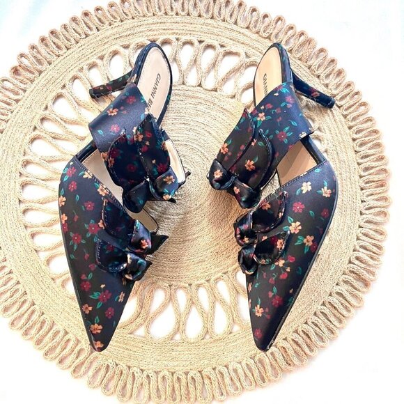 Gianni Bini Black Floral Print Twist Knot Pointed Toe Mules Size 10 - Picture 5 of 13